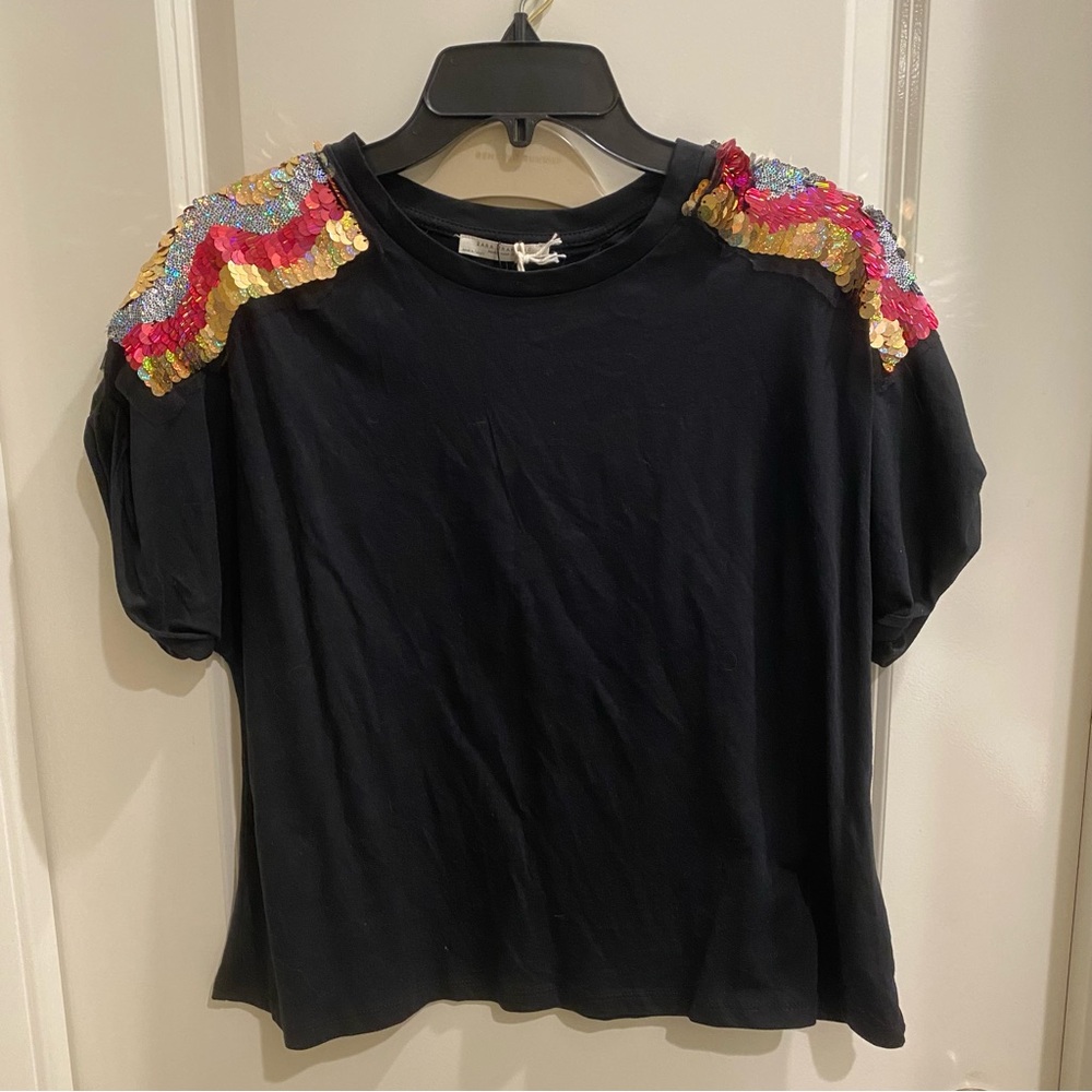Zara Trafaluc Sequined Shoulder Short Sleeved Tee NWT